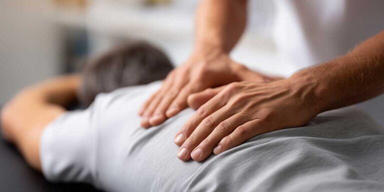 Adult patient performing a supervised scoliosis mobility exercise beside a treatment table.